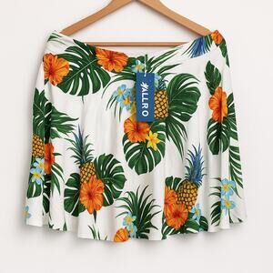 Aulro XL Skirt Tropical Floral Pineapple Print Stretchy Flare NWT Summer Beach